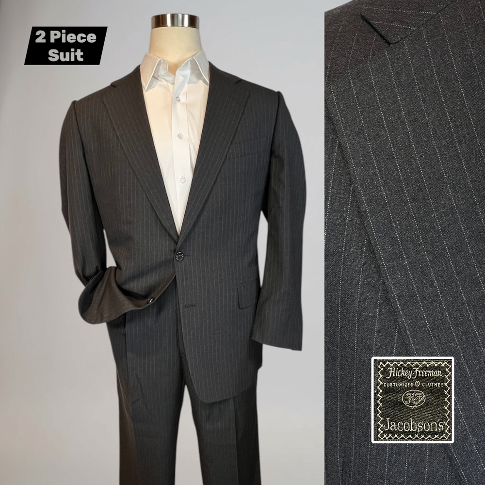 Hickey Freeman 44L 37x31 Charcoal Gray Subtle Pinstripe Quality Suit USA